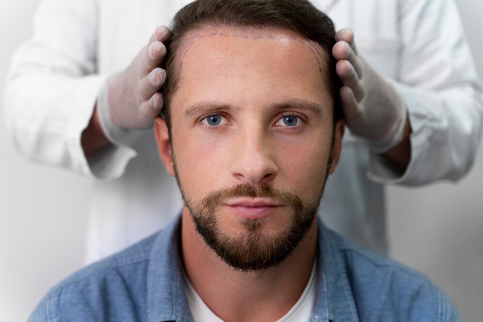 A imagem mostra um exemplo de uma pessoa se preparando para um transplante capilar.