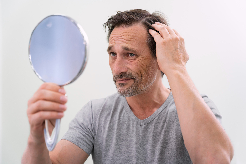A imagem mostra alguém olhando o próprio cabelo pelo espelho