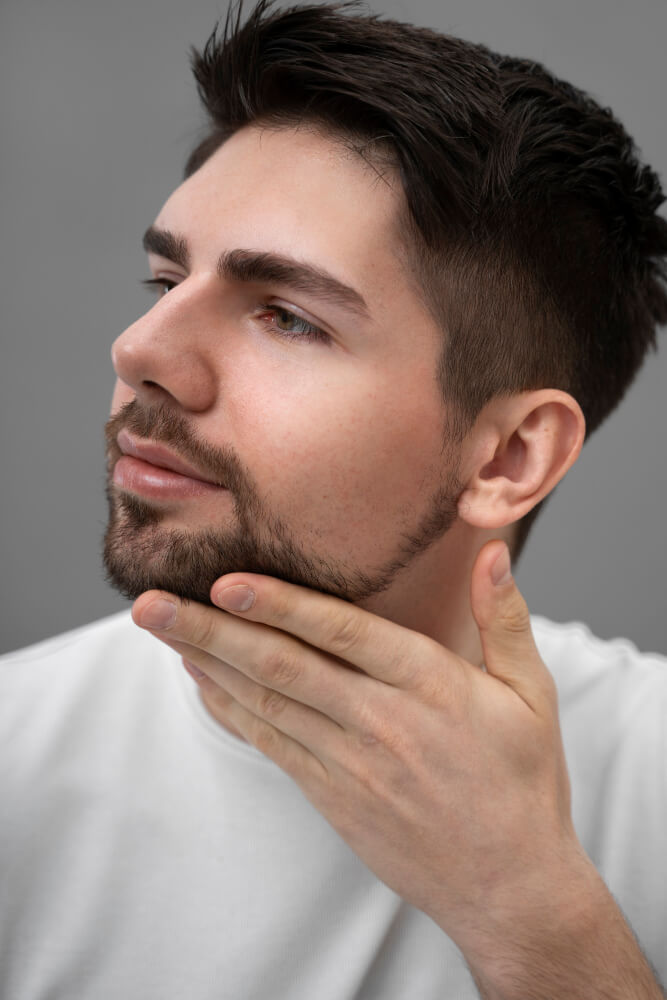 homem de lado, passando mão na barba